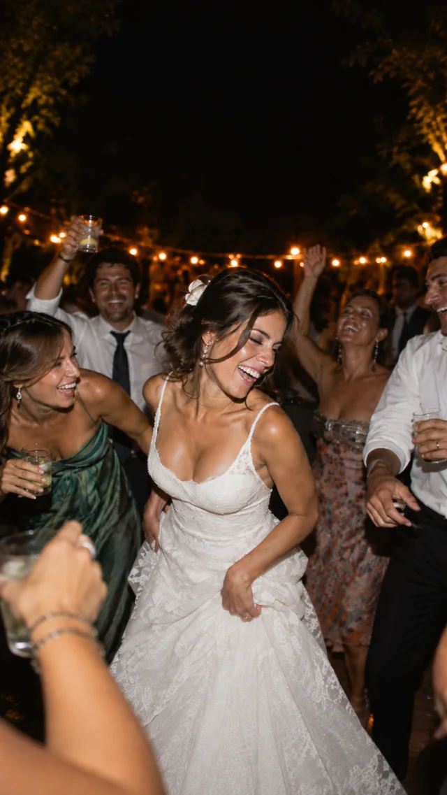 Convidados celebrando com a noiva na pista de dança durante a festa de casamento